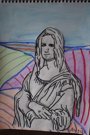 Student's drawing of a woman in front of a field