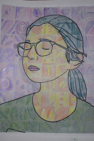 Student's drawing of a woman with glasses